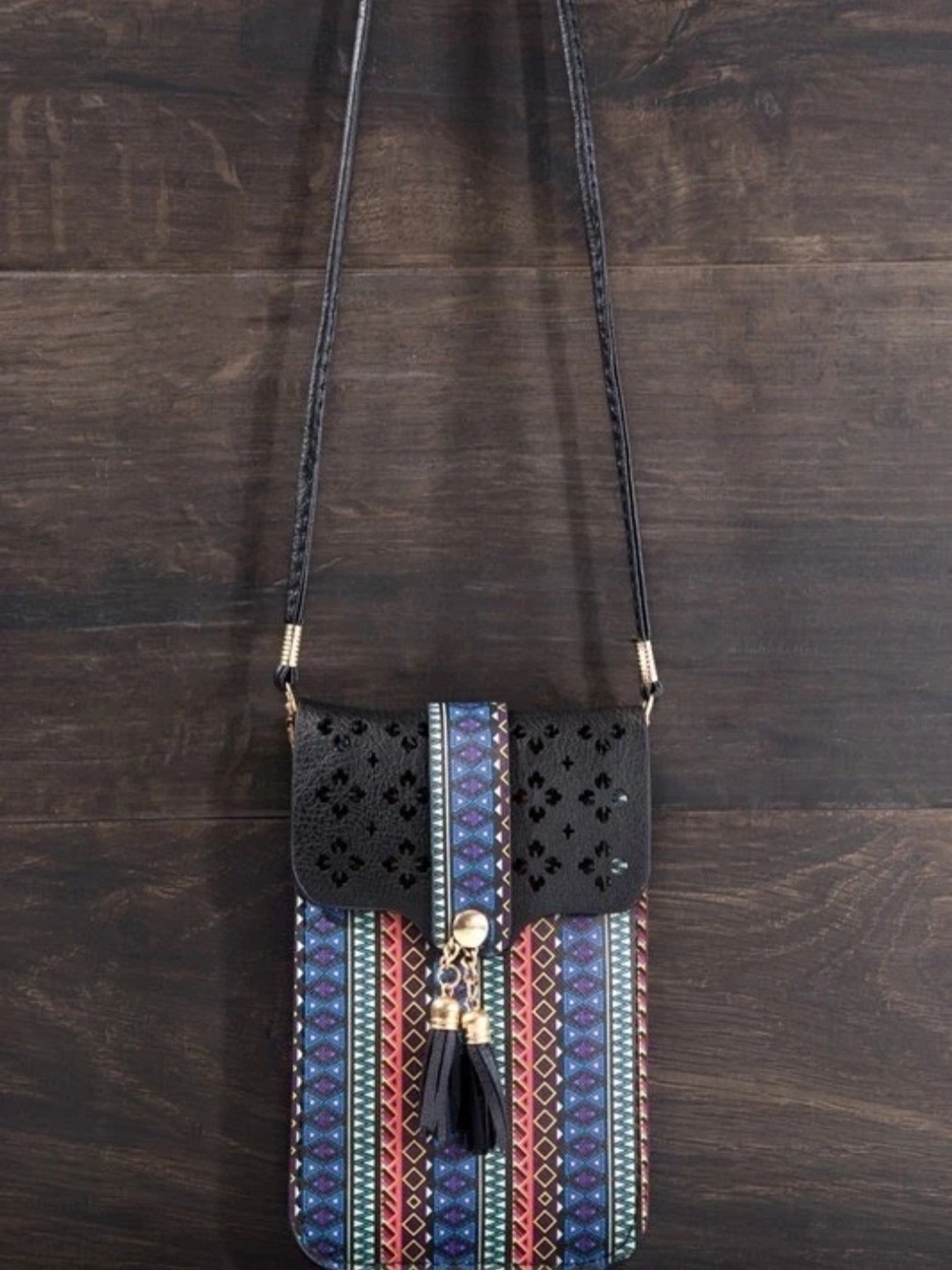 Bohemian Aztec Cellphone Crossbody Bag Purse Laser Cut Out Tassel Multicolor NEW - Picture 2 of 5